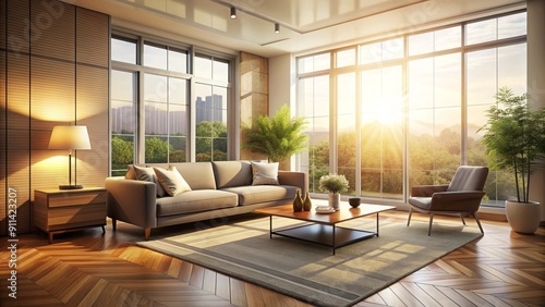 Wallpaper Mural Softly lit, spacious modern interior with blurred background, featuring a large window casting dramatic light and shadows, perfect for healthcare or living room advertisements. Torontodigital.ca