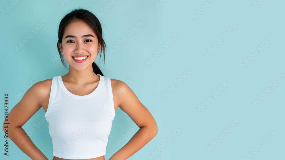 Malay woman smile hands on hips wearing white t-shirt isolated on gray Malay woman smile hands on hips wearing white t-shirt isolated on gray