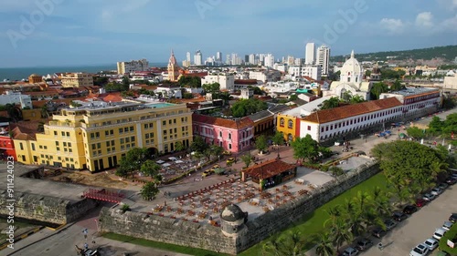 Beautiful aerial view of the walled city of Cartagena de Indias, in Colombia - the Santuario de San Pedro Claver, Torre del Reloj and the Catedral de Santa Catalina de Alejandría photo