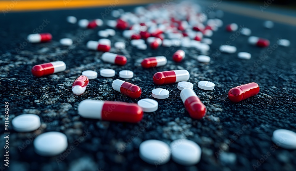Red and white pills scattered on the asphalt of an American highway, high resolution, professional photograph, Super-Resolution, Megapixel, colorful, real estate photography, commercial photo Red and white pills scattered on the asphalt of an American highway, high resolution, professional photograph, Super-Resolution, Megapixel, colorful, real estate photography, commercial photo