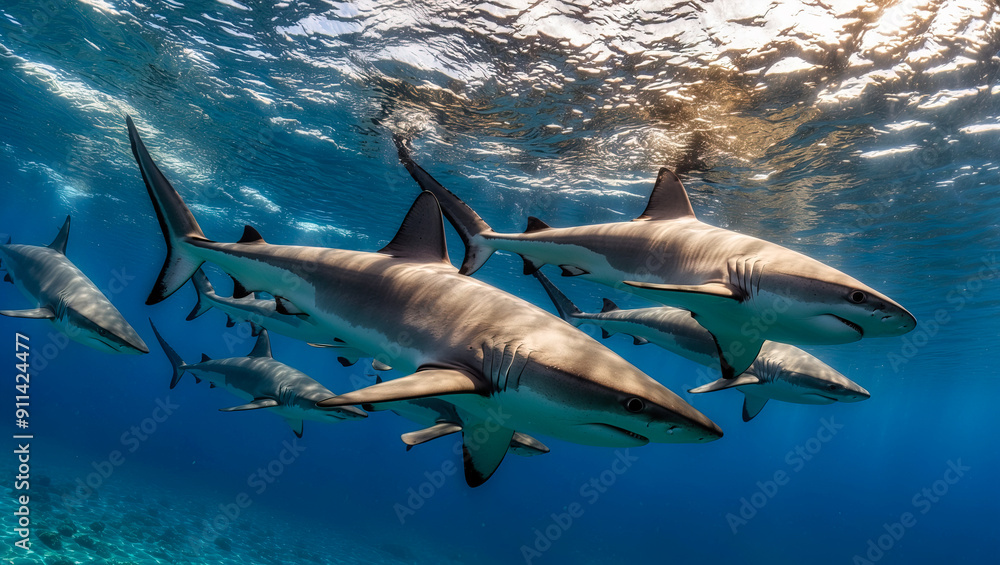 Obraz premium Sharks underwater. A pack of sharks in the blue abyss of the sea. Underwater shark shoal. AI Generated.
