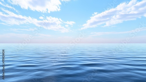 A serene ocean view with gentle waves, reflecting a clear blue sky and sparse clouds, creating a peaceful atmosphere