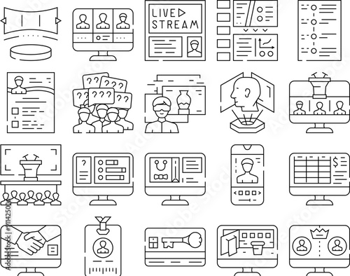 virtual conference event online icons set vector. quarantine digital, corporate technology, caller stage, video concert, live, meeting virtual conference event online black contour illustrations