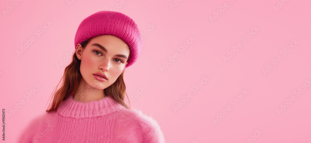 Stylish young woman in cozy pink sweater and hat on one tone background. Fall winter concept. Stylish young woman in cozy pink sweater and hat on one tone background. Fall winter concept.