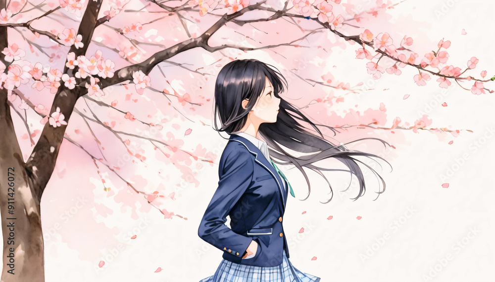 桜と女子高校生　水彩・色鉛筆イラスト