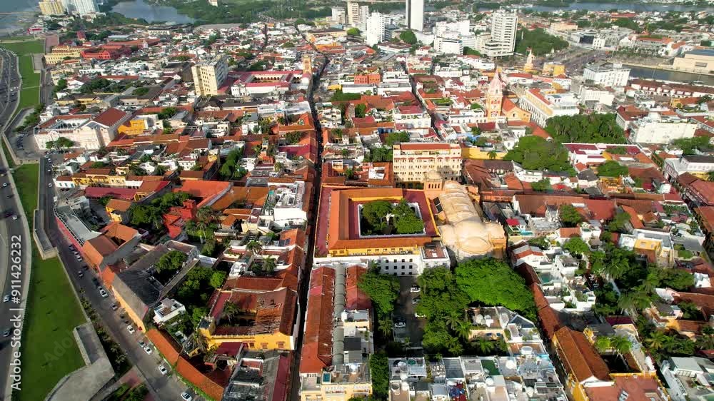 Beautiful aerial view of the walled city of Cartagena de Indias, in Colombia - the Santuario de San Pedro Claver, Torre del Reloj and the Catedral de Santa Catalina de Alejandría Beautiful aerial view of the walled city of Cartagena de Indias, in Colombia - the Santuario de San Pedro Claver, Torre del Reloj and the Catedral de Santa Catalina de Alejandría