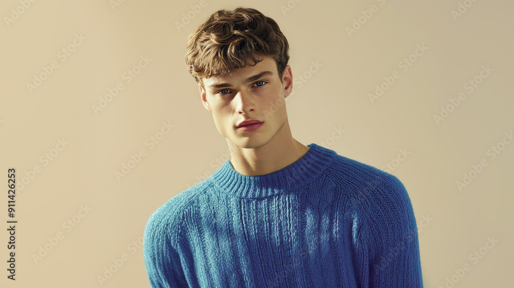 Fototapeta premium Fashion handsome boy in stylish blue sweater on one tone background. Fall winter concept.