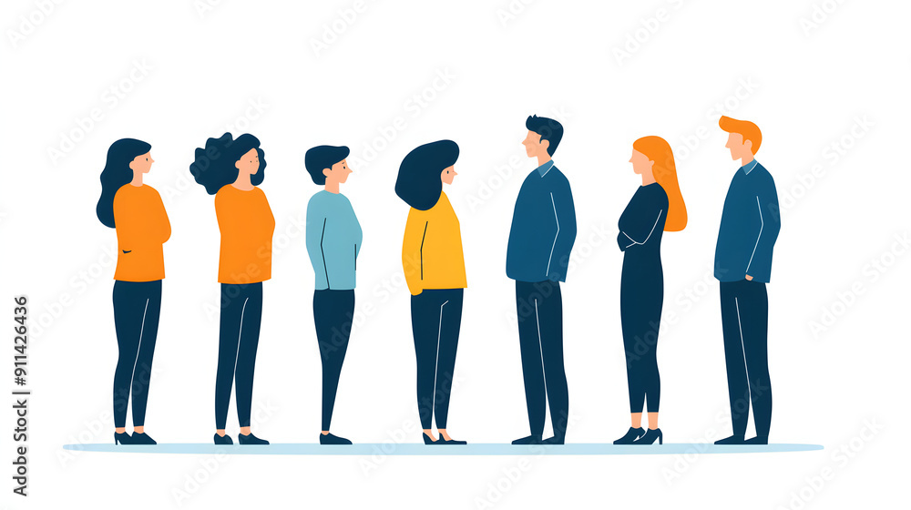 Fototapeta premium A diverse group of people standing in line, waiting patiently. A simple illustration representing a queue of people.