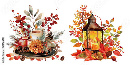 Vibrant watercolor artwork featuring autumnal elements like a lantern, candles, and foliage in rich fall colors. Autumn Inspired Watercolor Art with Lantern


