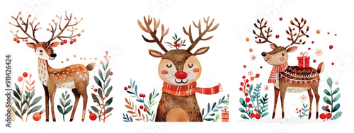 Charming watercolor illustrations of three reindeer in festive holiday attire surrounded by seasonal foliage.
 Whimsical Christmas Reindeer in Festive Attire
