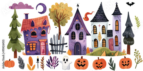 Charming watercolor illustration of a whimsical Halloween scene with haunted houses, pumpkins, and spooky elements. Playful Halloween Scene Watercolor Illustration

