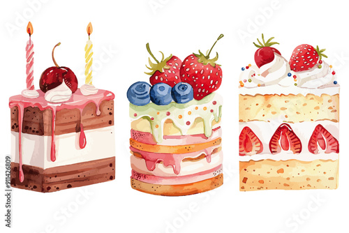 Three watercolor illustrations of layered cakes adorned with cherries, strawberries, and blueberries, perfect for any celebration. Watercolor Layered Cakes with Fruit Toppings

