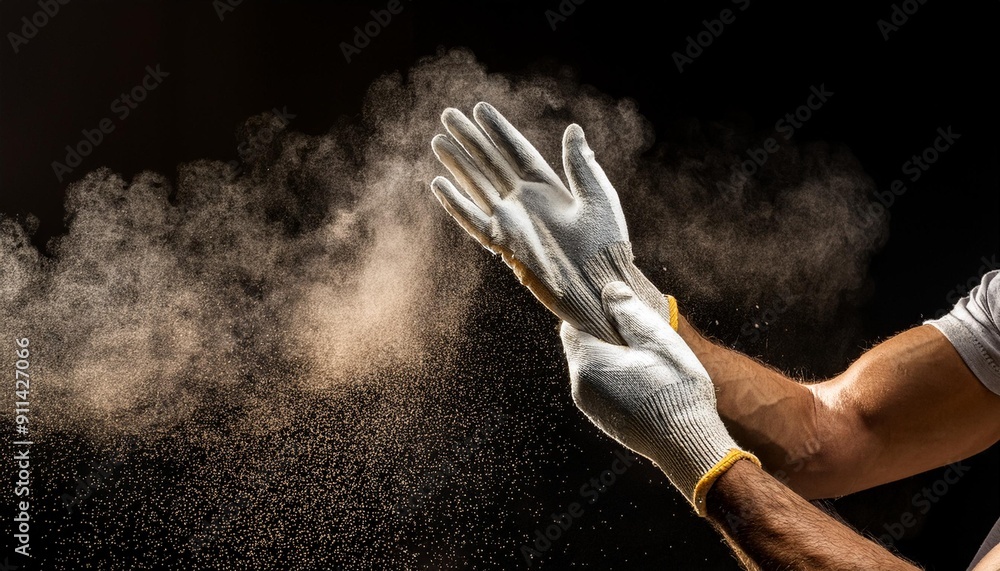 Fototapeta premium Heavy duty work gloves on hands surrounded by dust cloud