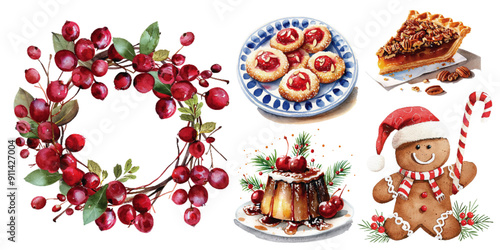 A delightful collection of watercolor illustrations featuring Christmas desserts, a gingerbread man, and cranberry wreath. Festive Christmas Desserts and Decorations Illustration

