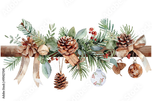 Watercolor illustration of an elegant Christmas garland with pine cones, festive ribbons, and holiday ornaments. Elegant Christmas Garland Watercolor Illustration

