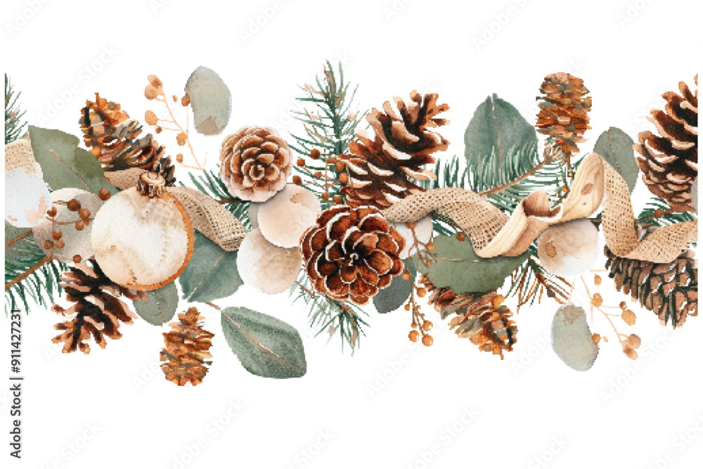 Obraz premium A lush watercolor illustration of a winter pine garland, detailed with pine cones, festive ribbons, and white ornaments. Winter Pine Garland with Cones and Ornaments Watercolor