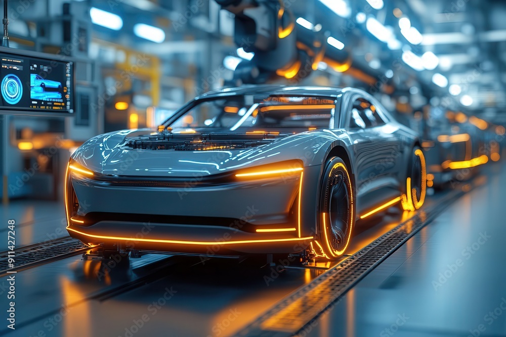 futuristic auto manufacturing robotic arms assembling sleek electric vehicles on an advanced production line holographic interfaces and laser guidance systems illuminate the hightech factory floor futuristic auto manufacturing robotic arms assembling sleek electric vehicles on an advanced production line holographic interfaces and laser guidance systems illuminate the hightech factory floor