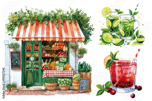 Vibrant watercolor illustrations depicting a fresh market stand filled with produce and refreshing summer beverages. Fresh Market Stand and Summer Drinks Watercolor Illustrations

