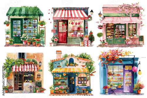 A collection of watercolor illustrations showcasing quaint and colorful shop fronts adorned with flowers, awnings, and charming details. Charming Watercolor Illustrations of Quaint Shops

