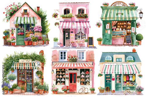 A delightful series of watercolor illustrations depicting quaint European street shops adorned with colorful awnings and floral decorations. Charming Watercolor European Street Shops Illustration

