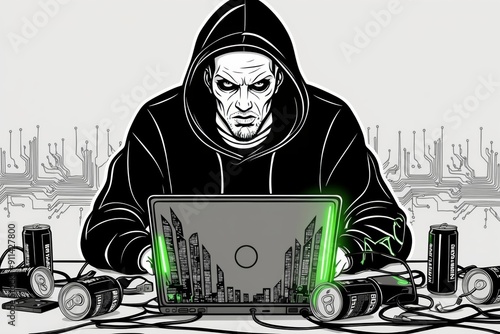 Individual In Dark Hoodie Engaged In Hacking Activity With Multiple Energy Drink Cans Nearby photo