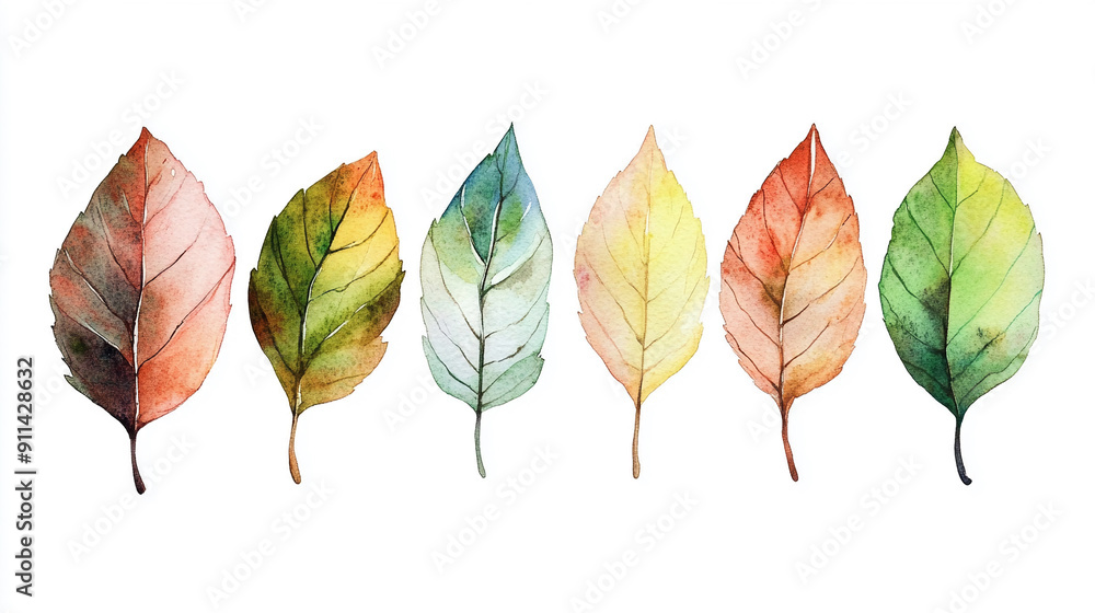 Obraz premium Hand-drawn watercolor leaves with intricate details Water color on white background