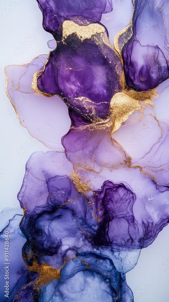 Obraz premium Abstract Fluid Art with Purple and Gold Ink Swirls on White Background