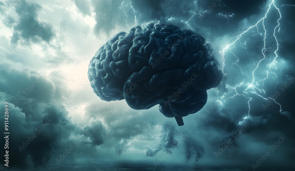 a huge dark cloud in the shape of an human brain floating through stormy clouds and lightning, high resolution photography, epic fantasy scene, cinematic