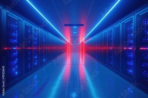 futuristic data center with rows of sleek servers blue led lights and reflective surfaces cool tones hightech atmosphere minimal human presence