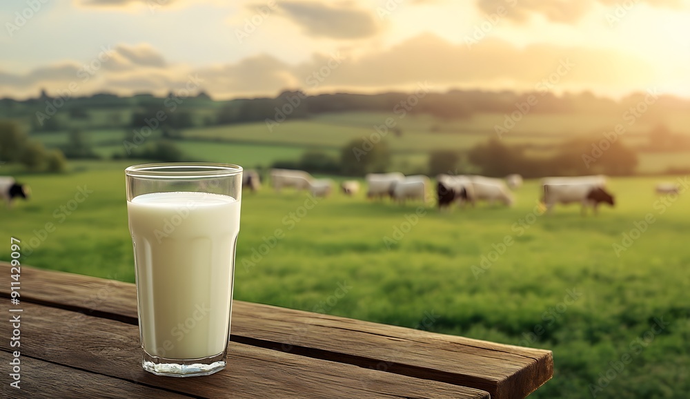 glass of milk on wooden table in front, green meadow with cows in the background, beautiful sky, soft light, realistic photo, high resolution glass of milk on wooden table in front, green meadow with cows in the background, beautiful sky, soft light, realistic photo, high resolution