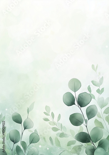 Eucalyptus background for invitations. Foliage watercolor background. Generative AI.