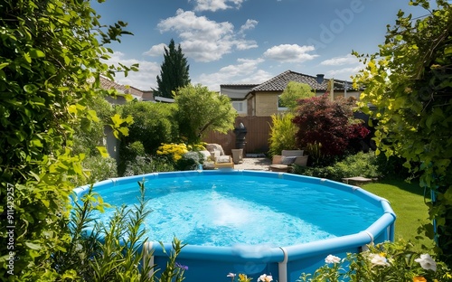 Sunny Backyard with a Vibrant Blue Above Ground Pool and Colorful Garden Flowers