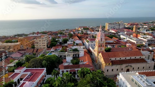 Beautiful aerial view of the walled city of Cartagena de Indias, in Colombia - the Santuario de San Pedro Claver, Torre del Reloj and the Catedral de Santa Catalina de Alejandría