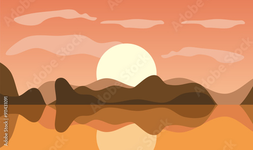 Minimalist Sunset Landscape with Mountains and Lake Reflection  Vector Art