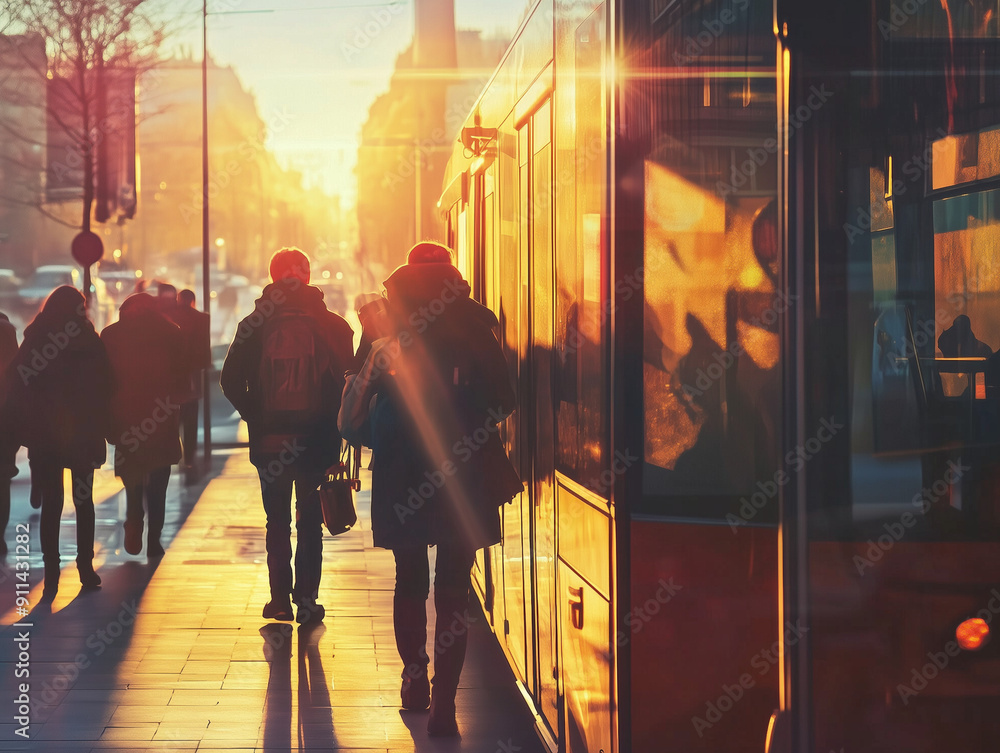 People walking along a sunlit city street beside a tram, with golden ...