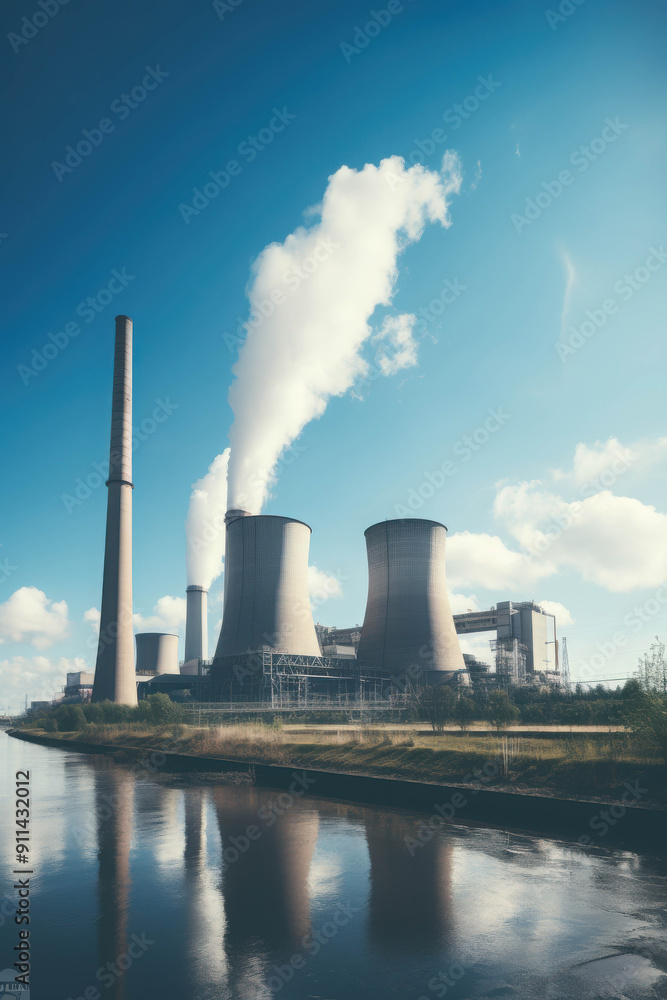 Modern Industrial Power Plant with Tall Smokestacks Emitting Steam into the Blue Sky Modern Industrial Power Plant with Tall Smokestacks Emitting Steam into the Blue Sky
