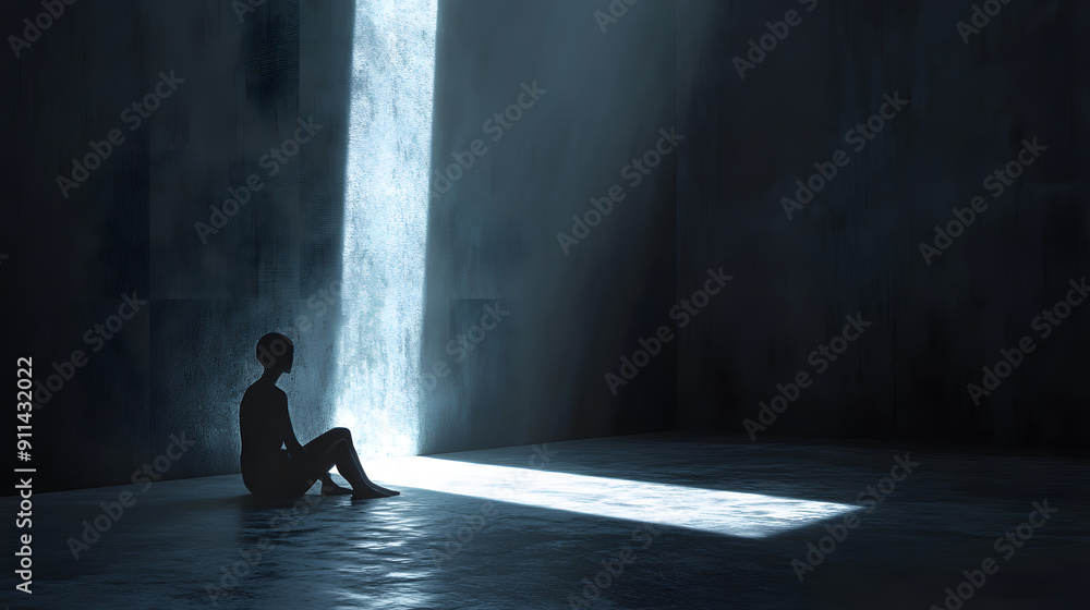 A solitary figure sits in a dark room, illuminated by a single beam of light streaming through a crack in the wall. A solitary figure sits in a dark room, illuminated by a single beam of light streaming through a crack in the wall.