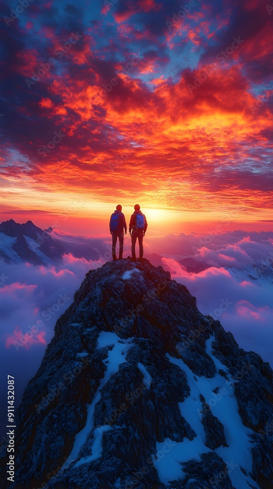 Fototapeta premium Teamwork Concept with Hikers Reaching Mountain Summit at Vibrant Sunset