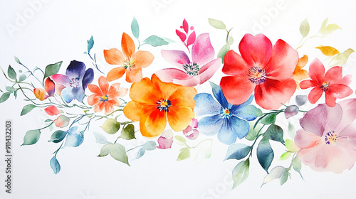 Watercolor flowers in a whimsical arrangement Water color on white background