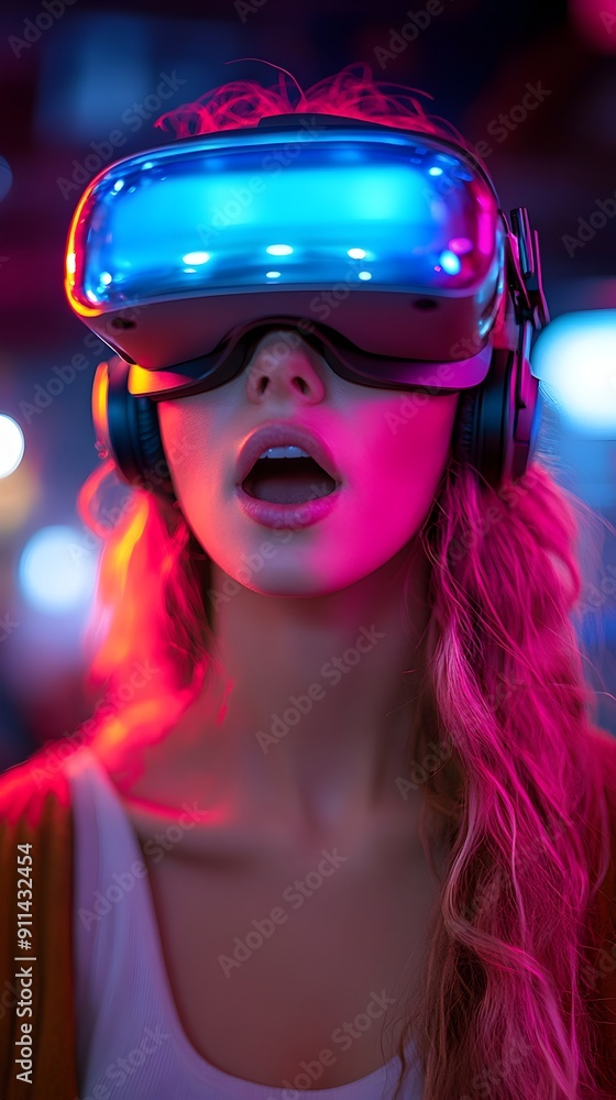 Amazed Woman Exploring Futuristic Metaverse Virtual Space with VR Headset Amazed Woman Exploring Futuristic Metaverse Virtual Space with VR Headset
