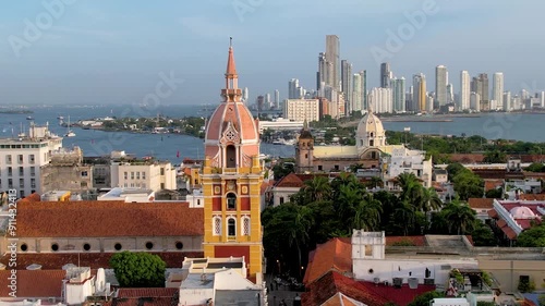 Beautiful aerial view of the walled city of Cartagena de Indias, in Colombia - the Santuario de San Pedro Claver, Torre del Reloj and the Catedral de Santa Catalina de Alejandría photo