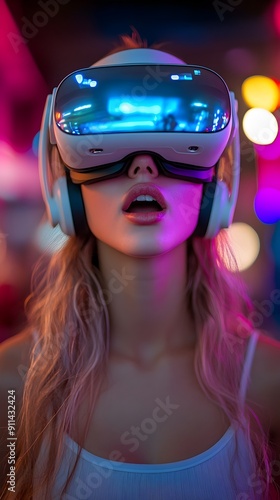 Amazed Woman Exploring the Virtual Metaverse with VR Headset for Futuristic Entertainment