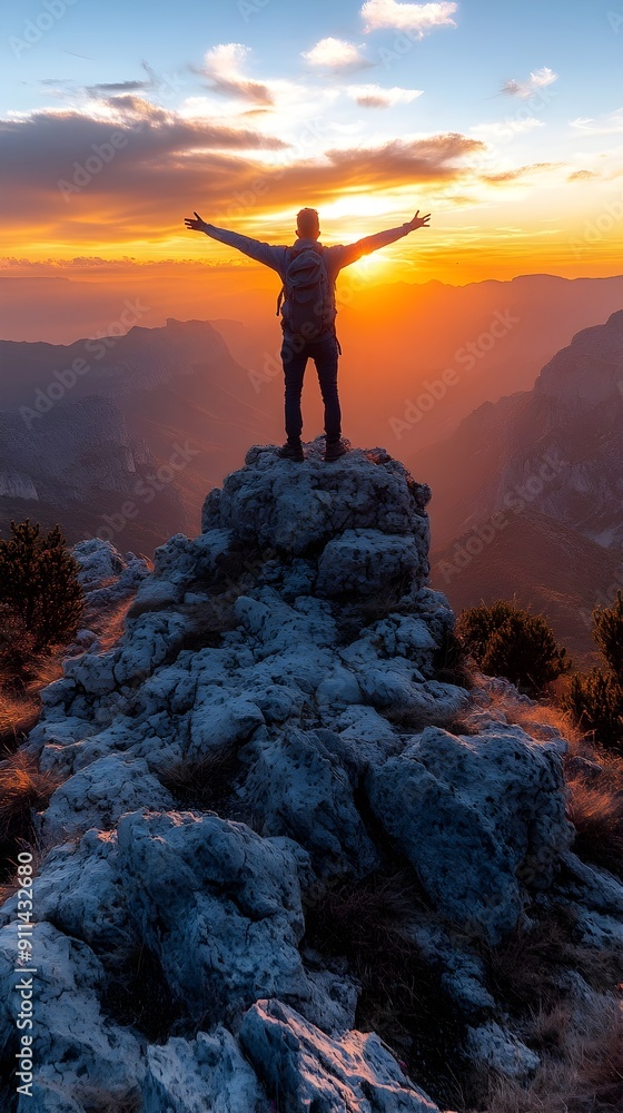 Triumphant Silhouette Atop the Mountain at Stunning Sunset Triumphant Silhouette Atop the Mountain at Stunning Sunset