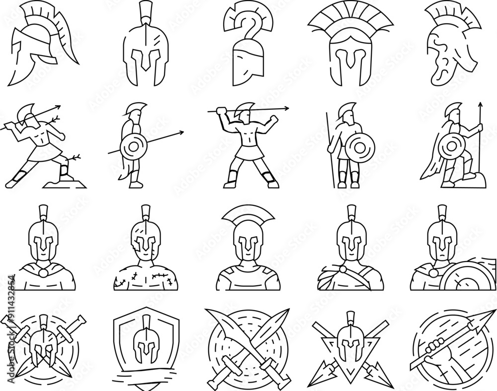 Obraz premium spartan warrior helmet icons set vector. roman sparta, battle armor, gladiator soldier, greek ancient, head centurion, knight spartan warrior helmet black contour illustrations