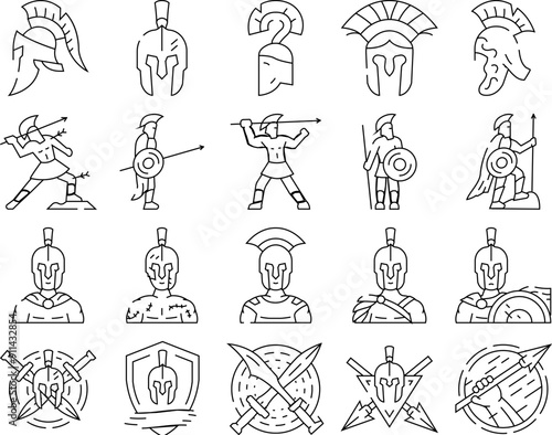 spartan warrior helmet icons set vector. roman sparta, battle armor, gladiator soldier, greek ancient, head centurion, knight spartan warrior helmet black contour illustrations