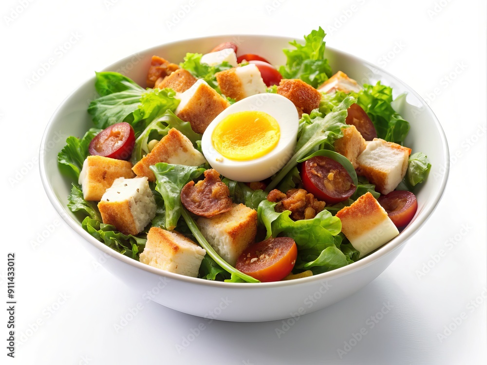 A carefully arranged bowl of crisp Caesar salad with a soft-boiled egg, crispy bacon, and fresh vegetables, set against a clean white background, invitingly presented. A carefully arranged bowl of crisp Caesar salad with a soft-boiled egg, crispy bacon, and fresh vegetables, set against a clean white background, invitingly presented.