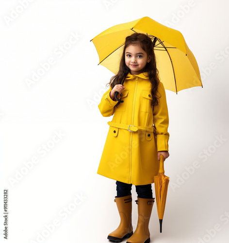 brunette child with umbrella; isolated kid in yellow raincoat and rain boots holding yellow parasol; concept of health and protection during bad weather; white background