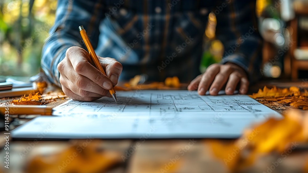 Obraz premium Architectural Blueprint Drafting on Autumn Leaf Covered Desk