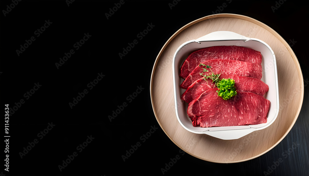 Premium A5 beef Buffet in restaurant, top view, copy space, Generative AI. Premium A5 beef Buffet in restaurant, top view, copy space, Generative AI.
