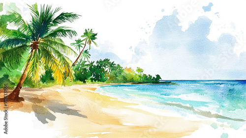 Watercolor illustration of a tropical beach Water color on white background